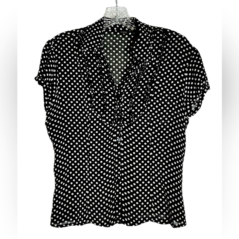 Sheer Black and White Polka Dot Blouse Short Sleeve Top M
